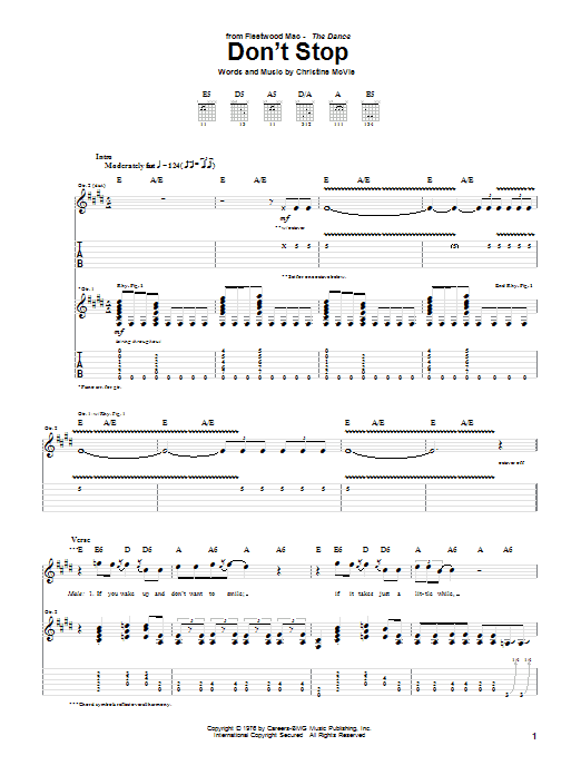 Download Fleetwood Mac Don't Stop sheet music notes and chords for Easy Guitar Tab - Download Printable PDF and start playing in minutes.