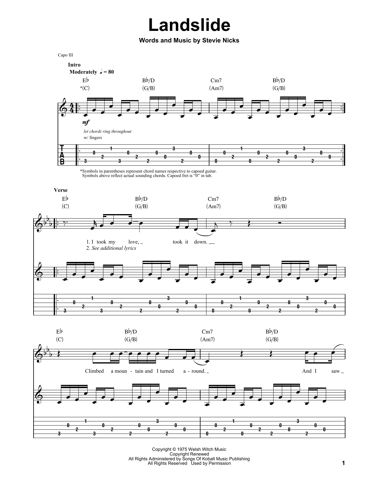 Fleetwood Mac Landslide sheet music preview music notes and score for Lyrics & Piano Chords including 2 page(s)