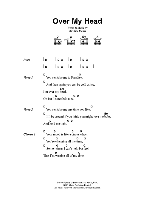 Learn to play Fleetwood Mac Over My Head sheet music for Easy Guitar Tab in minutes. Fleetwood Mac Over My Head sheet music preview music notes and score for Easy Guitar Tab including 4 page(s)