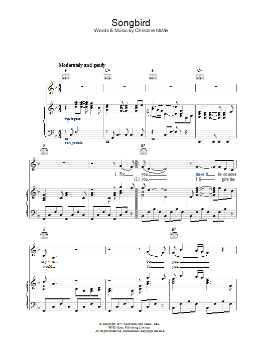 Learn to play Fleetwood Mac Songbird sheet music for Piano, Vocal & Guitar (Right-Hand Melody) in minutes. Fleetwood Mac Songbird sheet music preview music notes and score for Piano, Vocal & Guitar (Right-Hand Melody) including 4 page(s)