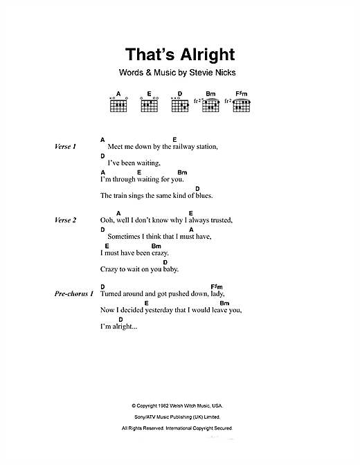 Fleetwood Mac That's Alright sheet music, chords, lyrics - Printable PDF for Lyrics & Chords