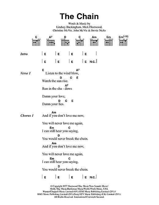 Fleetwood Mac The Chain sheet music preview music notes and score for Easy Guitar Tab including 5 page(s)