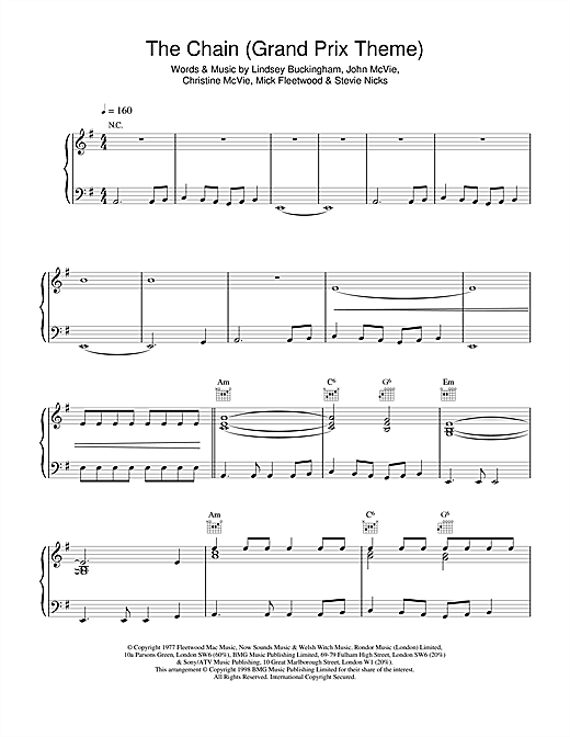 Learn to play Fleetwood Mac The Chain (extract) - Grand Prix Theme sheet music for Piano, Vocal & Guitar (Right-Hand Melody) in minutes. Fleetwood Mac The Chain (extract) - Grand Prix Theme sheet music notes and chords