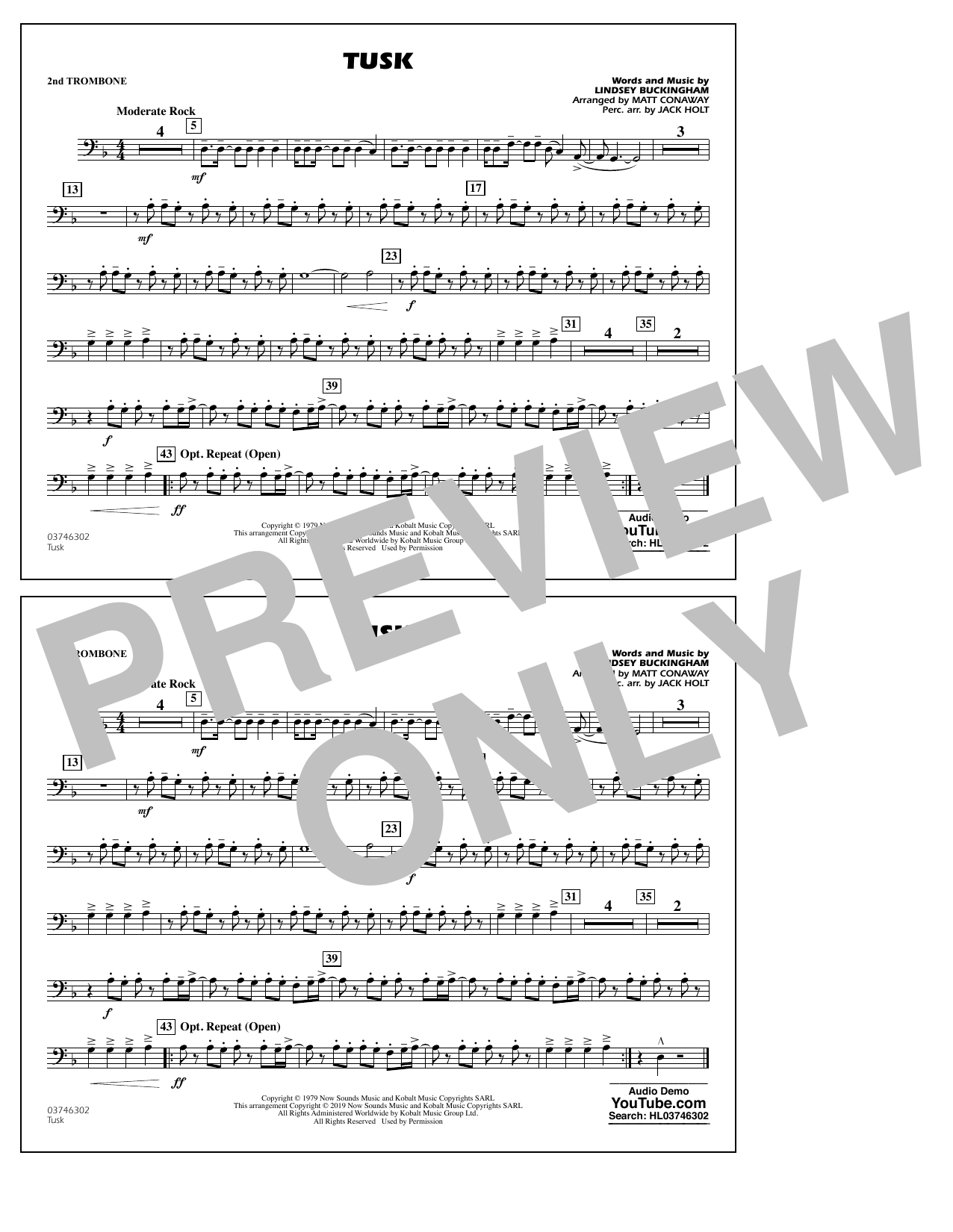 Learn to play Fleetwood Mac Tusk (arr. Matt Conaway) - 2nd Trombone sheet music for Marching Band in minutes. Fleetwood Mac Tusk (arr. Matt Conaway) - 2nd Trombone sheet music preview music notes and score for Marching Band including 1 page(s)