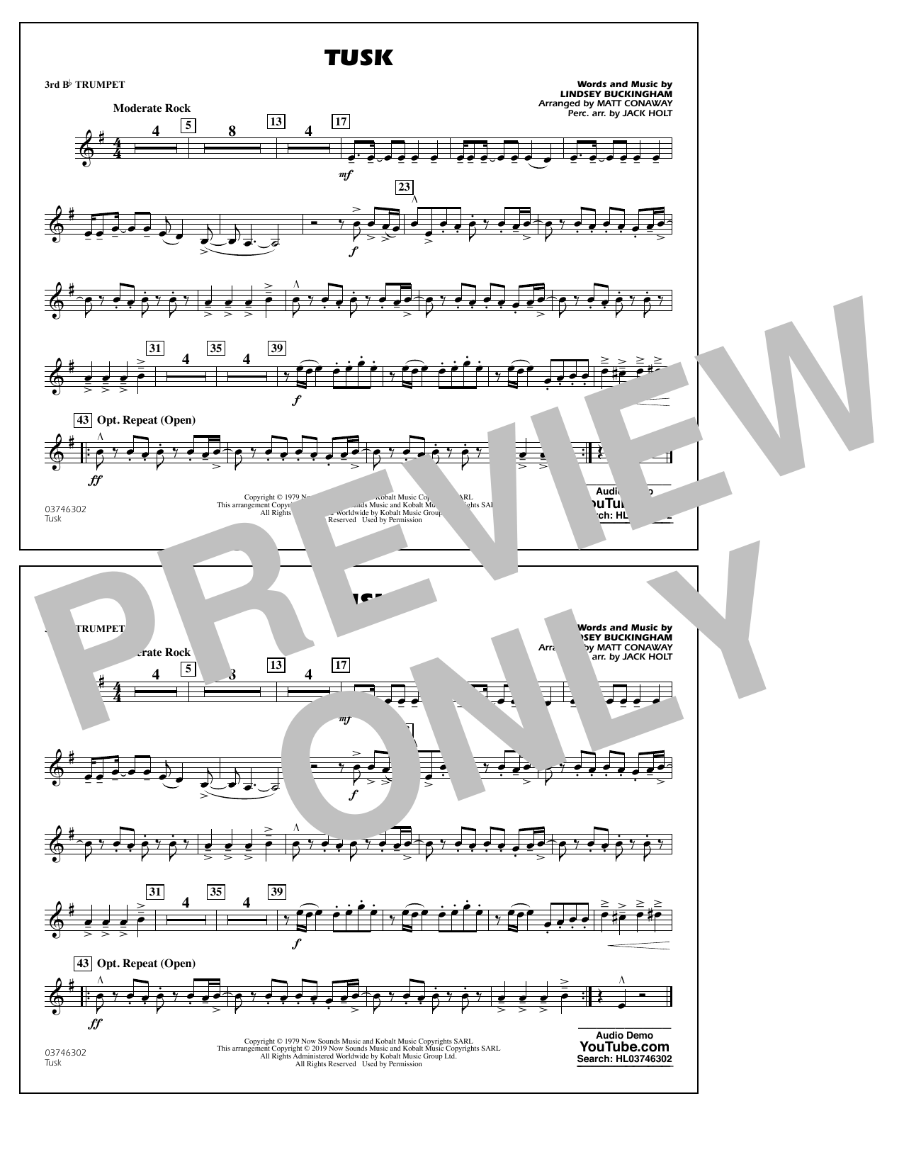Learn to play Fleetwood Mac Tusk (arr. Matt Conaway) - 3rd Bb Trumpet sheet music for Marching Band in minutes. Fleetwood Mac Tusk (arr. Matt Conaway) - 3rd Bb Trumpet sheet music preview music notes and score for Marching Band including 1 page(s)