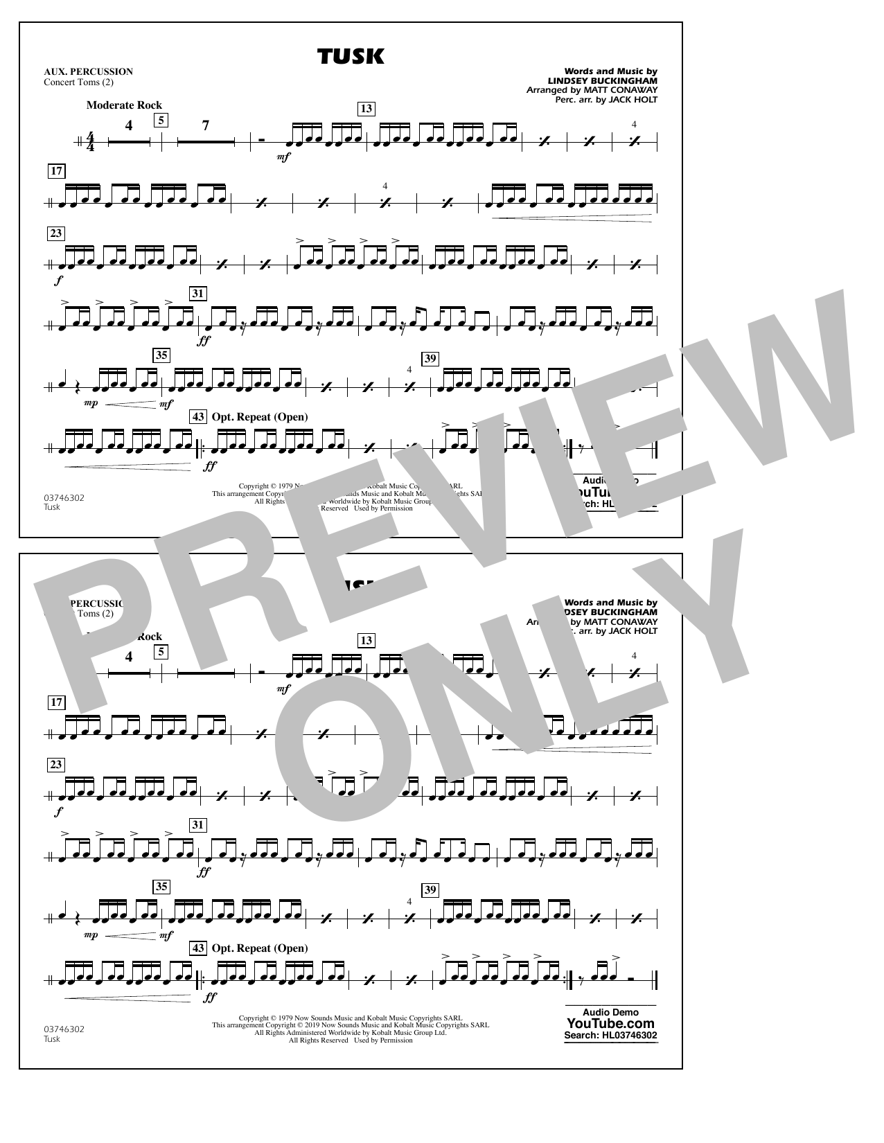 Learn to play Fleetwood Mac Tusk (arr. Matt Conaway) - Aux Percussion sheet music for Marching Band in minutes. Fleetwood Mac Tusk (arr. Matt Conaway) - Aux Percussion sheet music preview music notes and score for Marching Band including 1 page(s)