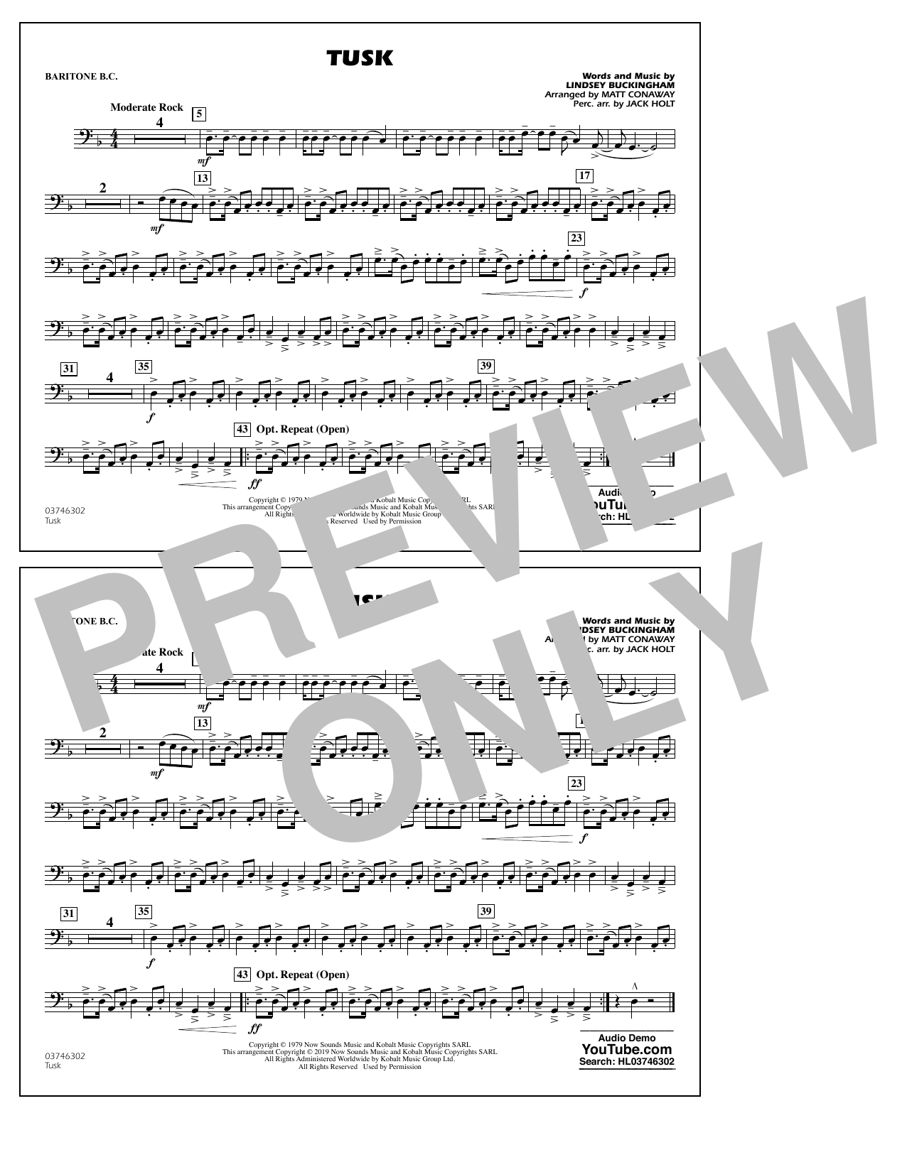 Learn to play Fleetwood Mac Tusk (arr. Matt Conaway) - Baritone B.C. sheet music for Marching Band in minutes. Fleetwood Mac Tusk (arr. Matt Conaway) - Baritone B.C. sheet music preview music notes and score for Marching Band including 1 page(s)