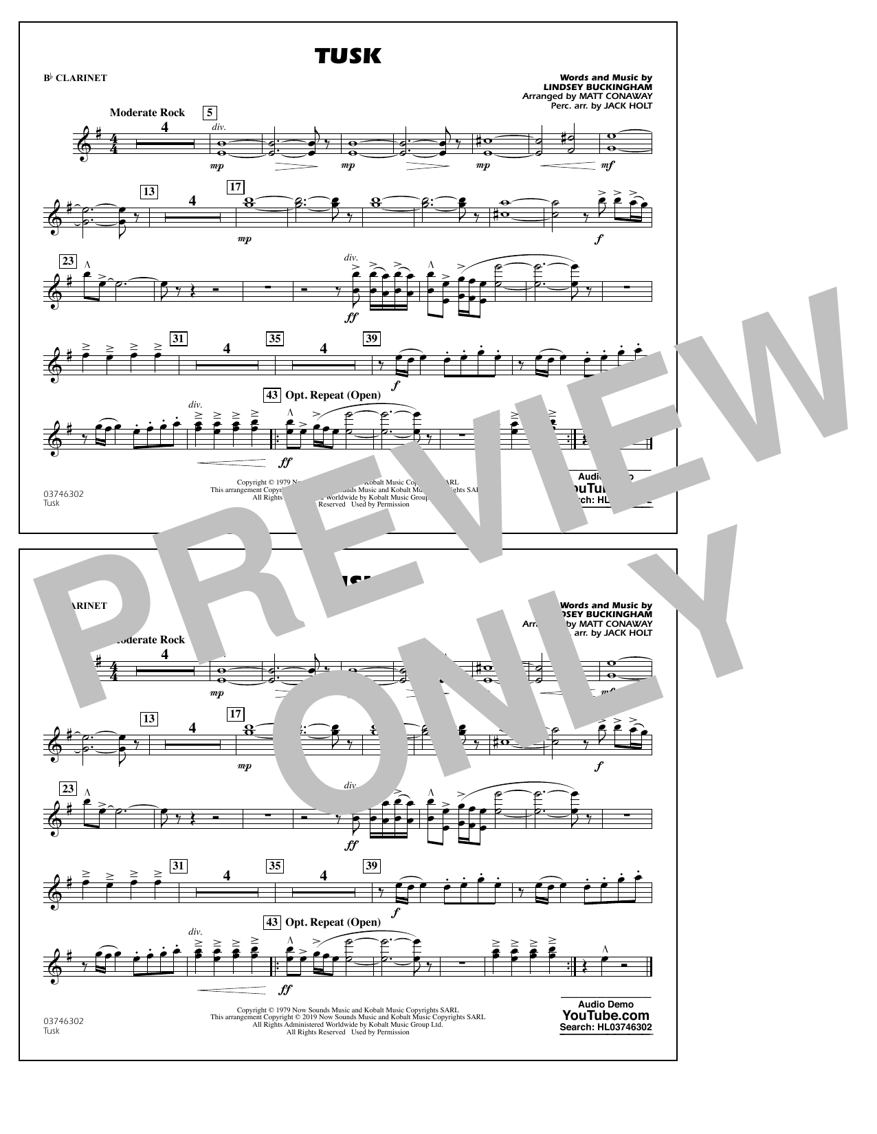 Learn to play Fleetwood Mac Tusk (arr. Matt Conaway) - Bb Clarinet sheet music for Marching Band in minutes. Fleetwood Mac Tusk (arr. Matt Conaway) - Bb Clarinet sheet music preview music notes and score for Marching Band including 1 page(s)