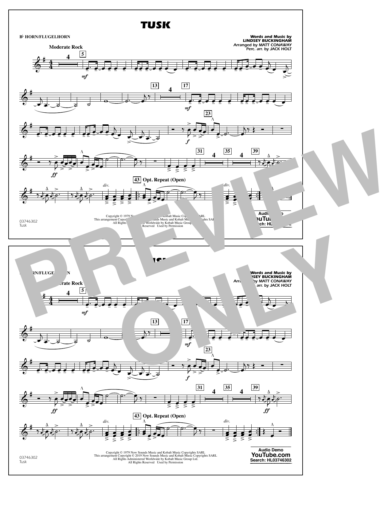 Learn to play Fleetwood Mac Tusk (arr. Matt Conaway) - Bb Horn/Flugelhorn sheet music for Marching Band in minutes. Fleetwood Mac Tusk (arr. Matt Conaway) - Bb Horn/Flugelhorn sheet music preview music notes and score for Marching Band including 1 page(s)