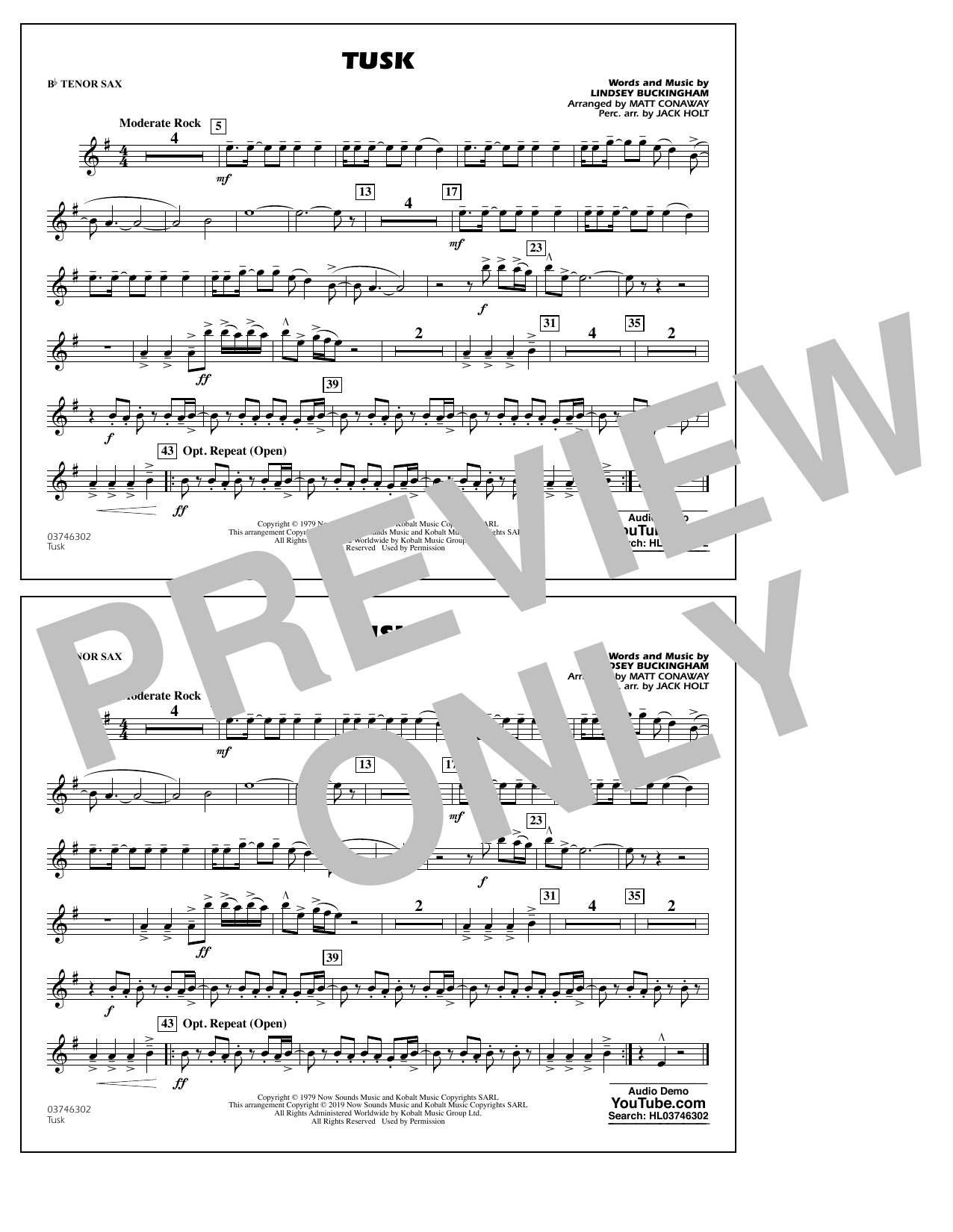 Learn to play Fleetwood Mac Tusk (arr. Matt Conaway) - Bb Tenor Sax sheet music for Marching Band in minutes. Fleetwood Mac Tusk (arr. Matt Conaway) - Bb Tenor Sax sheet music preview music notes and score for Marching Band including 1 page(s)