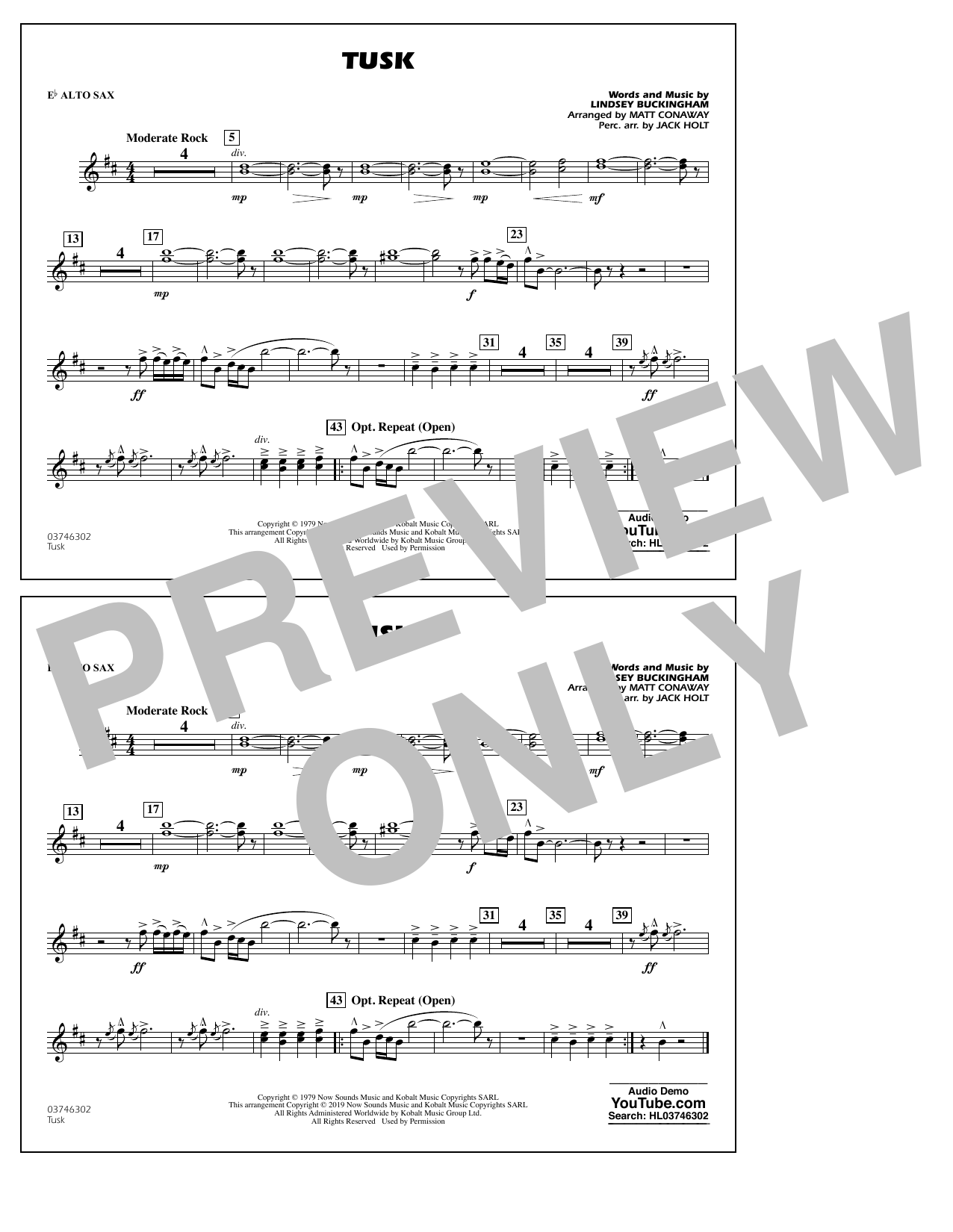 Learn to play Fleetwood Mac Tusk (arr. Matt Conaway) - Eb Alto Sax sheet music for Marching Band in minutes. Fleetwood Mac Tusk (arr. Matt Conaway) - Eb Alto Sax sheet music preview music notes and score for Marching Band including 1 page(s)