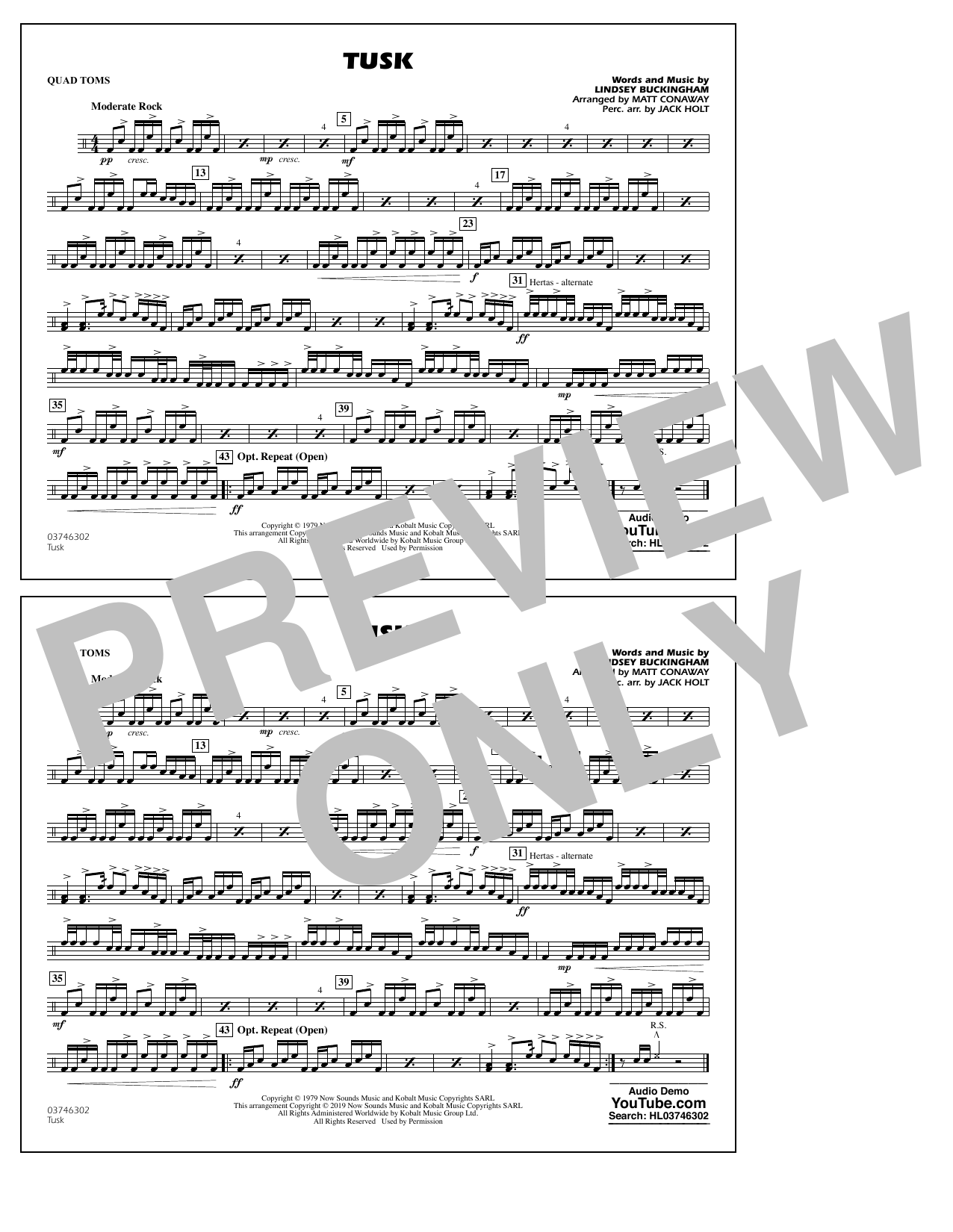 Learn to play Fleetwood Mac Tusk (arr. Matt Conaway) - Quad Toms sheet music for Marching Band in minutes. Fleetwood Mac Tusk (arr. Matt Conaway) - Quad Toms sheet music preview music notes and score for Marching Band including 1 page(s)