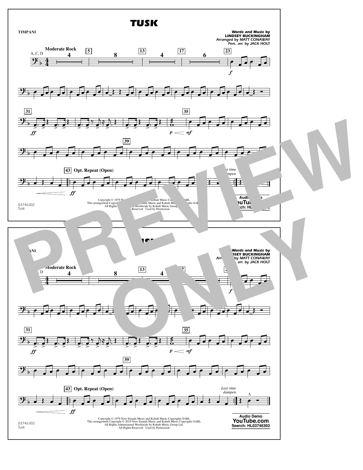Learn to play Fleetwood Mac Tusk (arr. Matt Conaway) - Timpani sheet music for Marching Band in minutes. Fleetwood Mac Tusk (arr. Matt Conaway) - Timpani sheet music preview music notes and score for Marching Band including 1 page(s)