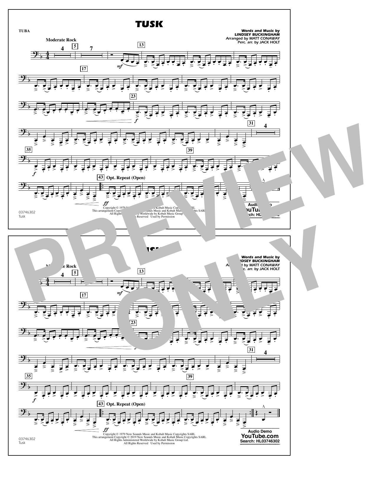 Learn to play Fleetwood Mac Tusk (arr. Matt Conaway) - Tuba sheet music for Marching Band in minutes. Fleetwood Mac Tusk (arr. Matt Conaway) - Tuba sheet music preview music notes and score for Marching Band including 1 page(s)