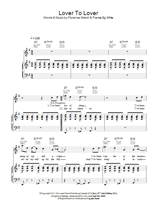 Florence And The Machine Lover To Lover sheet music, chords, lyrics - Printable PDF for Piano, Vocal & Guitar
