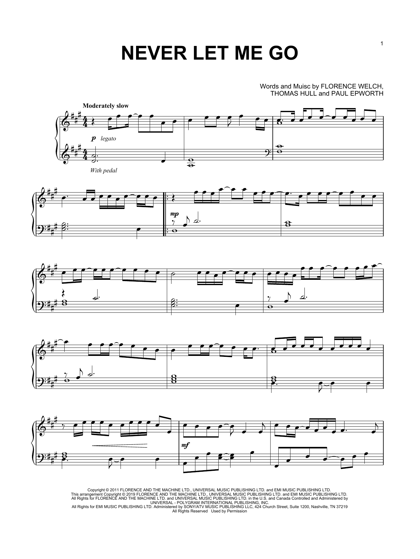 Florence And The Machine Never Let Me Go sheet music, chords, lyrics - Printable PDF for Piano Solo