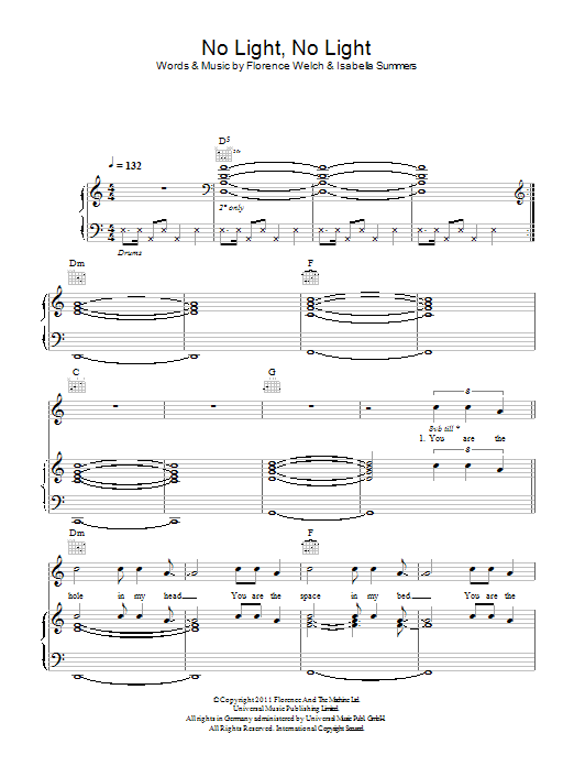 Florence And The Machine No Light, No Light sheet music, chords, lyrics - Printable PDF for Piano, Vocal & Guitar (Right-Hand Melody)