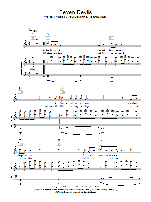 Florence And The Machine Seven Devils sheet music, chords, lyrics - Printable PDF for Piano, Vocal & Guitar