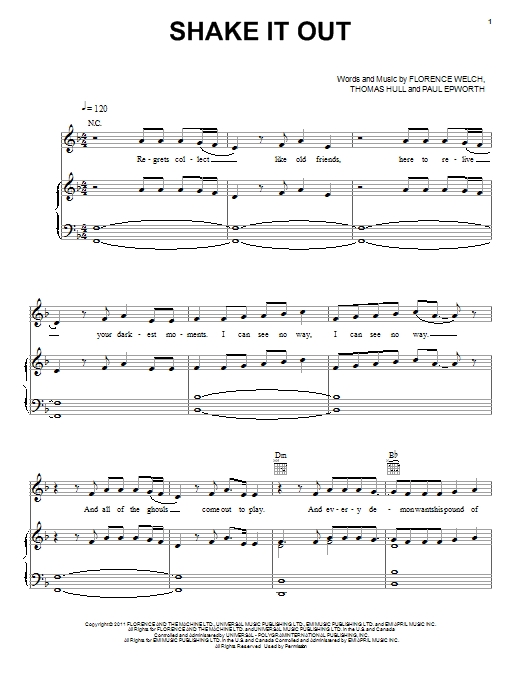 Florence And The Machine Shake It Out sheet music, chords, lyrics - Printable PDF for Piano, Vocal & Guitar (Right-Hand Melody)