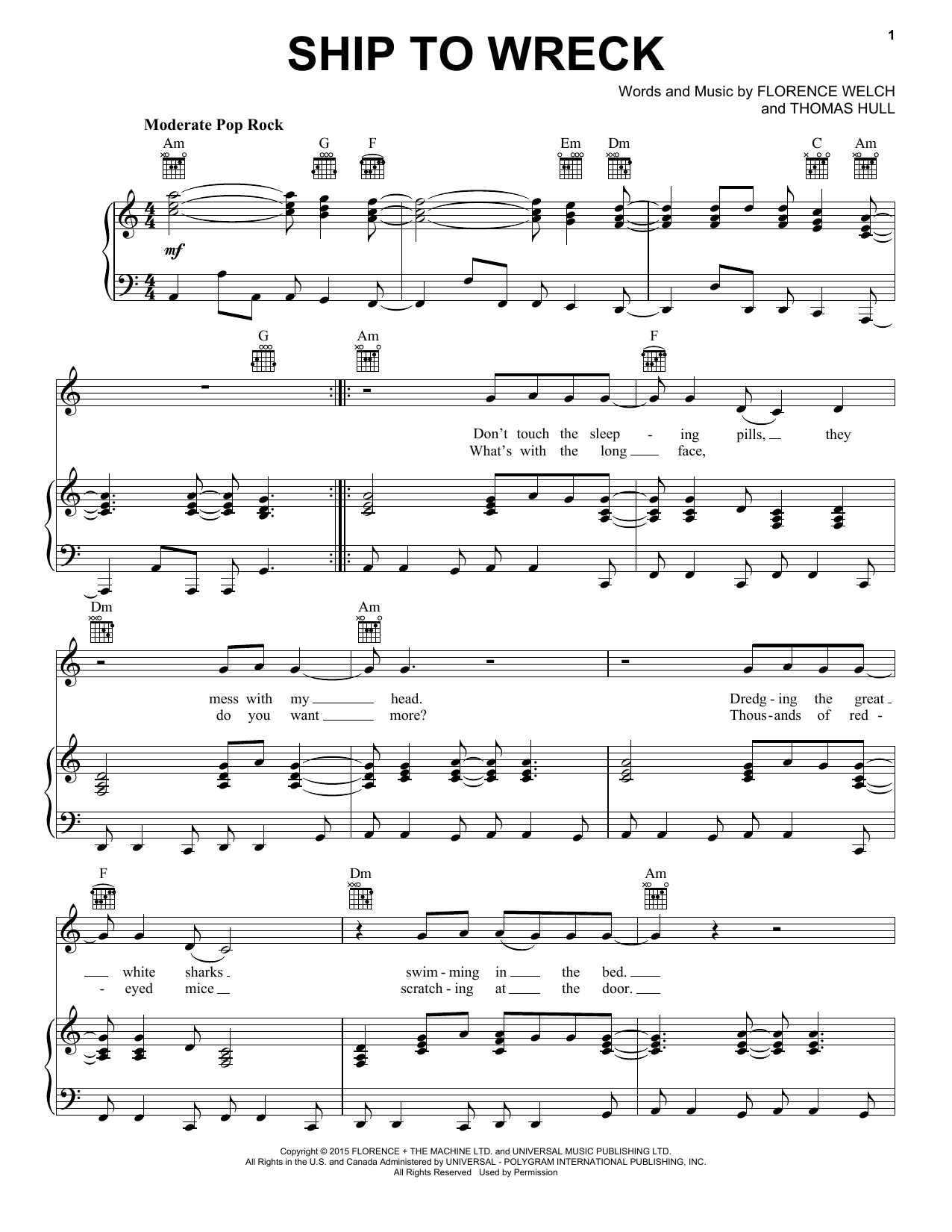 Florence And The Machine Ship To Wreck sheet music, chords, lyrics - Printable PDF for Piano, Vocal & Guitar (Right-Hand Melody)