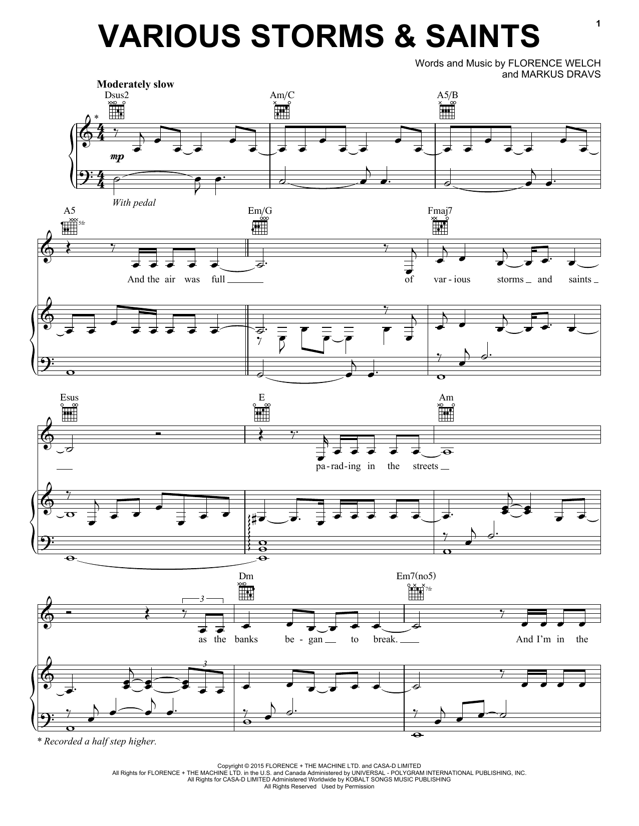 Florence And The Machine Various Storms And Saints sheet music, chords, lyrics - Printable PDF for Piano, Vocal & Guitar (Right-Hand Melody)