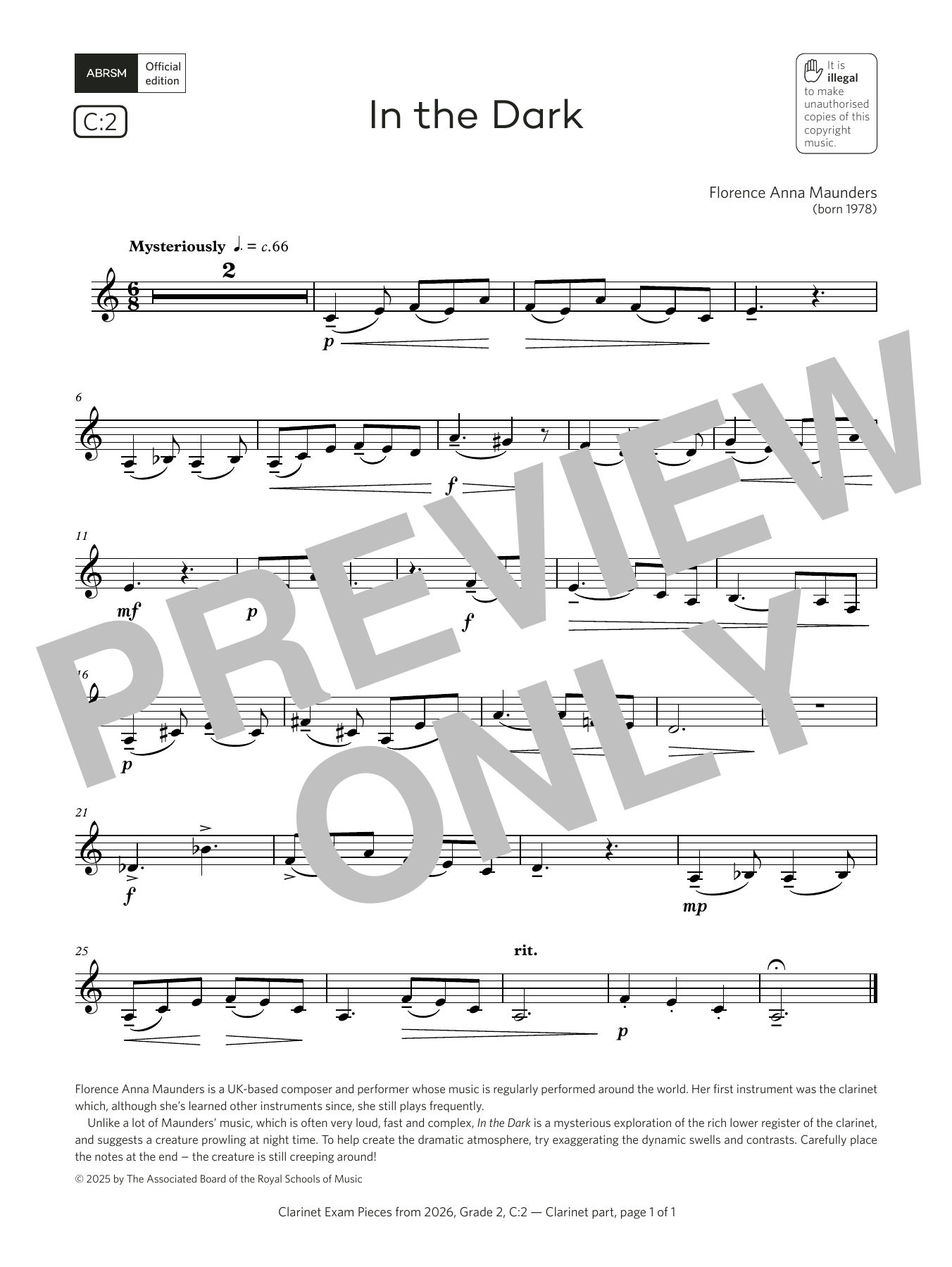 Florence Anna Maunders In the Dark (Grade 2, list C2, from the ABRSM Clarinet Syllabus from 2026) sheet music, chords, lyrics - Printable PDF for Clarinet Solo