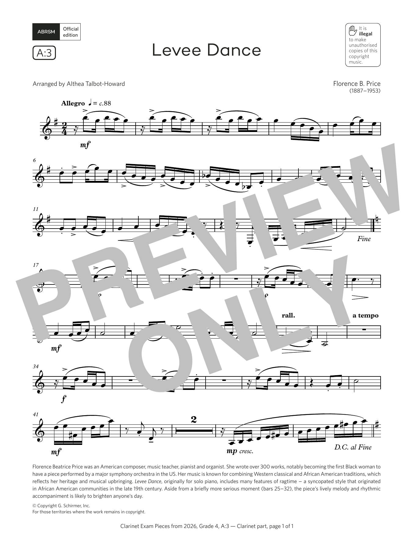 Florence B. Price Levee Dance (Grade 4, list A3, from the ABRSM Clarinet Syllabus from 2026) sheet music, chords, lyrics - Printable PDF for Clarinet Solo