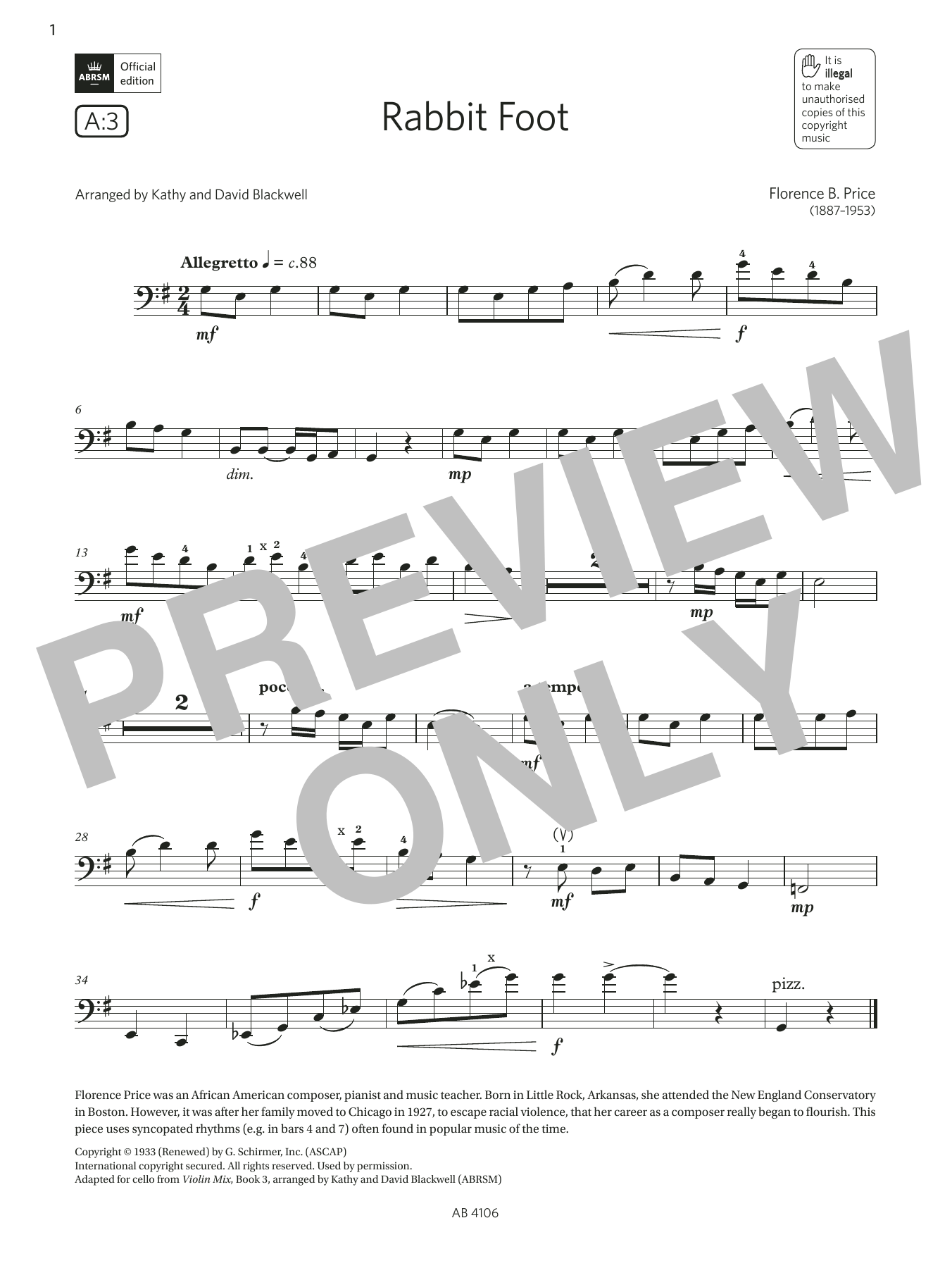 Florence B. Price Rabbit Foot (Grade 3, A3, from the ABRSM Cello Syllabus from 2024) sheet music, chords, lyrics - Printable PDF for Cello Solo