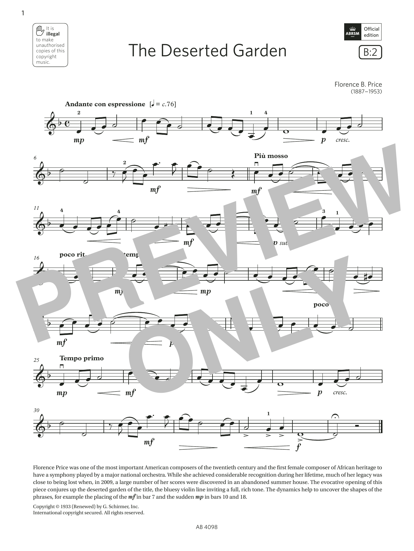 Florence B. Price The Deserted Garden (Grade 4, B2, from the ABRSM Violin Syllabus from 2024) sheet music, chords, lyrics - Printable PDF for Violin Solo