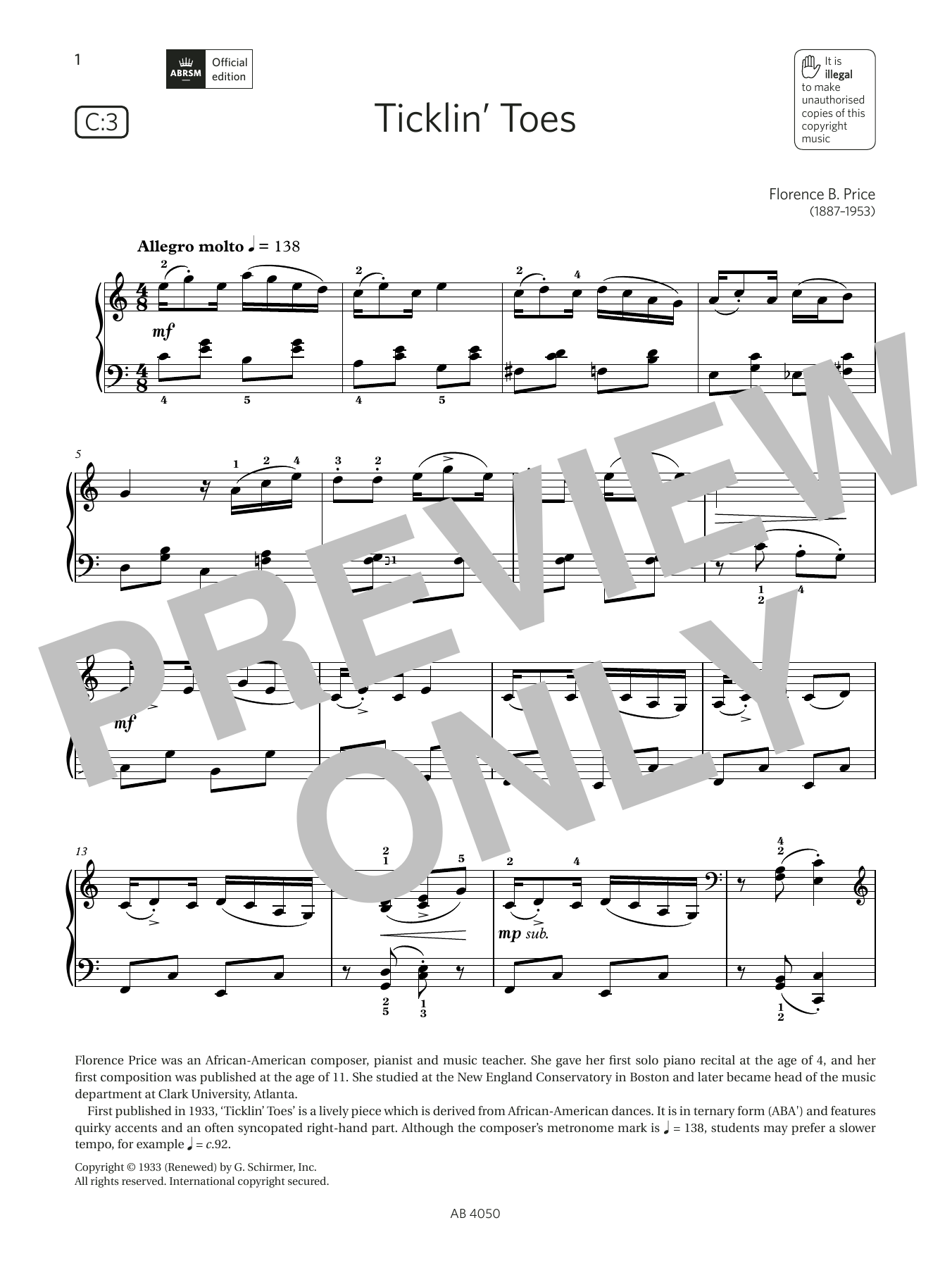 Florence B Price Ticklin Toes (Grade 4, list C3, from the ABRSM Piano Syllabus 2023 & 2024) sheet music, chords, lyrics - Printable PDF for Piano Solo