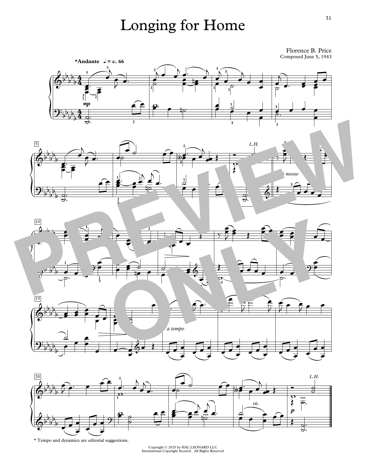 Florence Price Longing For Home sheet music, chords, lyrics - Printable PDF for Educational Piano