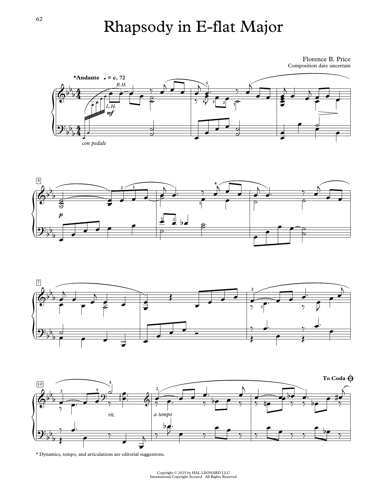 Florence Price Rhapsody In E-Flat Major sheet music, chords, lyrics - Printable PDF for Educational Piano