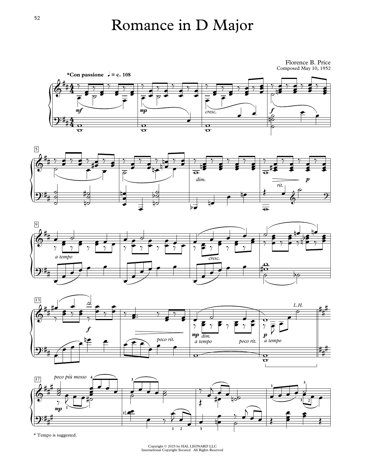 Florence Price Romance In D Major sheet music, chords, lyrics - Printable PDF for Educational Piano