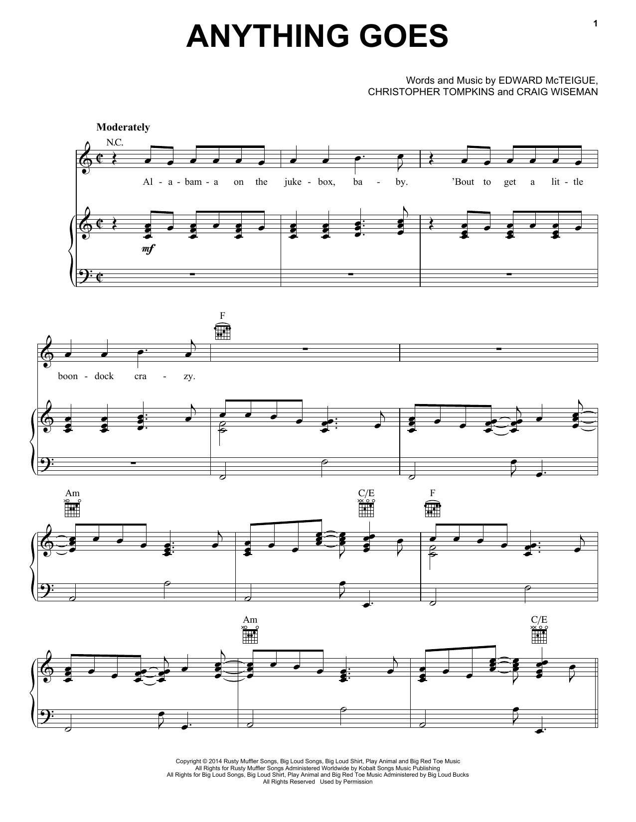 Florida Georgia Line Anything Goes sheet music, chords, lyrics - Printable PDF for Piano, Vocal & Guitar (Right-Hand Melody)