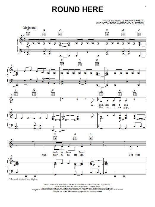 Florida Georgia Line Round Here sheet music, chords, lyrics - Printable PDF for Piano, Vocal & Guitar (Right-Hand Melody)