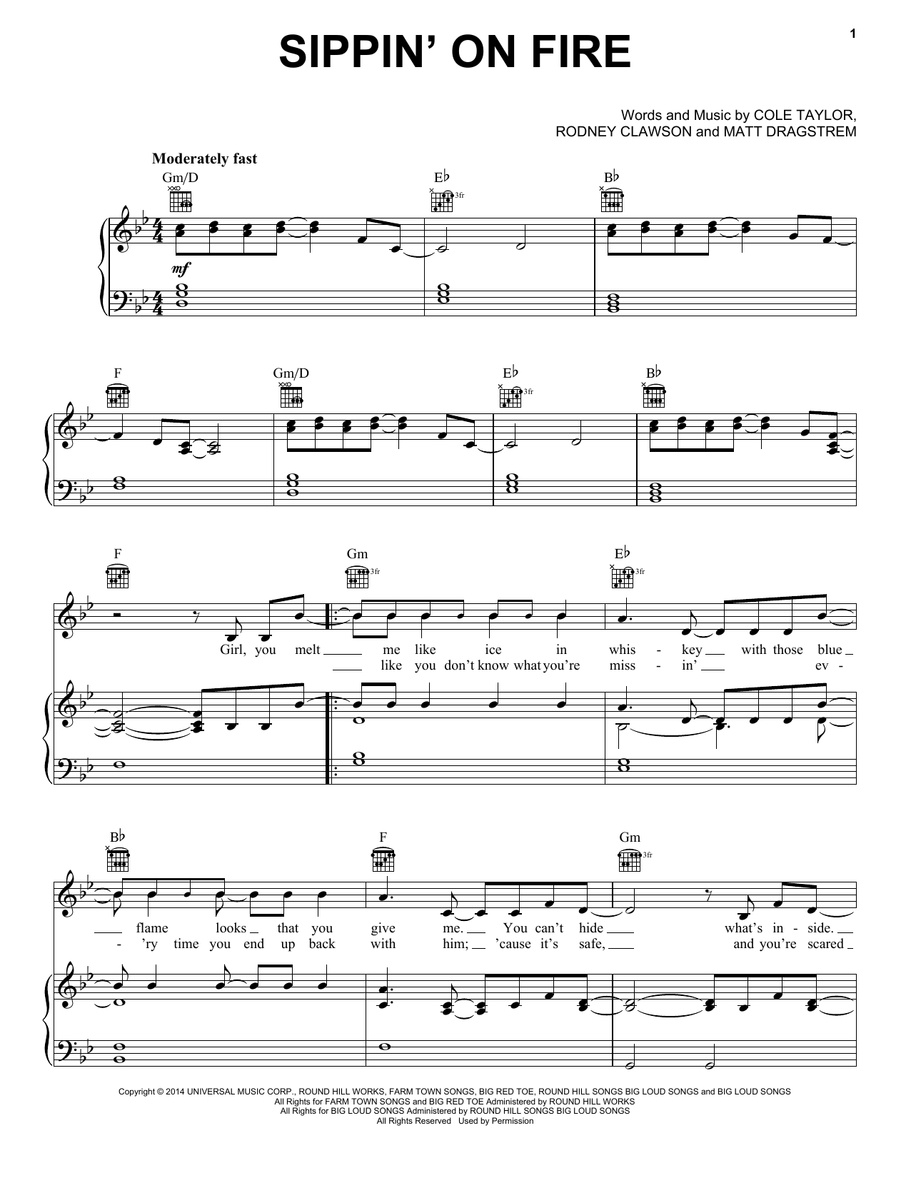 Florida Georgia Line Sippin' On Fire sheet music, chords, lyrics - Printable PDF for Piano, Vocal & Guitar (Right-Hand Melody)