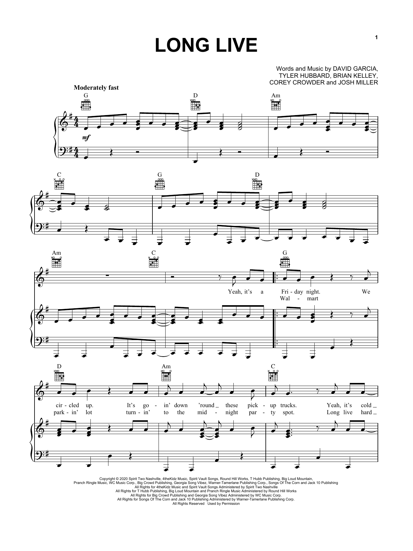 Learn to play Florida Georgia Line Long Live sheet music for Piano, Vocal & Guitar (Right-Hand Melody) in minutes. Florida Georgia Line Long Live sheet music preview music notes and score for Piano, Vocal & Guitar (Right-Hand Melody) including 5 page(s)