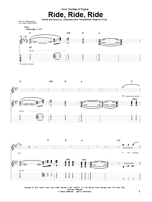 Foghat Ride, Ride, Ride sheet music, chords, lyrics - Printable PDF for Guitar Tab