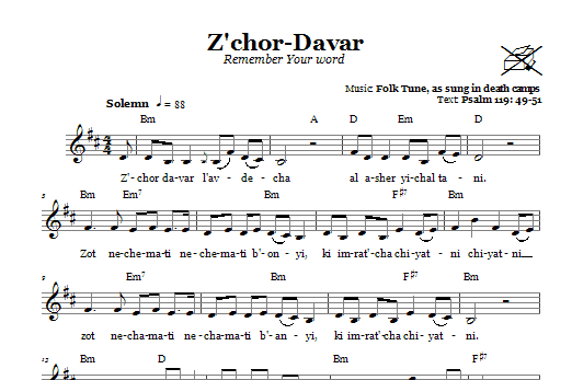 Folk Tune Z'chor-Davar (Remember Your Word) sheet music, chords, lyrics - Printable PDF for Melody Line, Lyrics & Chords