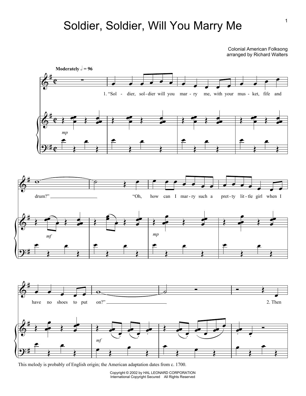 Learn to play Folk Song Soldier, Soldier Will You Marry Me sheet music for Piano, Vocal & Guitar (Right-Hand Melody) in minutes. Folk Song Soldier, Soldier Will You Marry Me sheet music preview music notes and score for Piano, Vocal & Guitar (Right-Hand Melody) including 5 page(s)