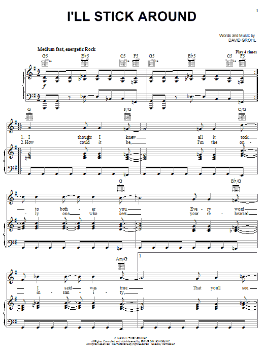 Download Foo Fighters I'll Stick Around sheet music notes and chords for Piano, Vocal & Guitar (Right-Hand Melody) - Download Printable PDF and start playing in minutes.