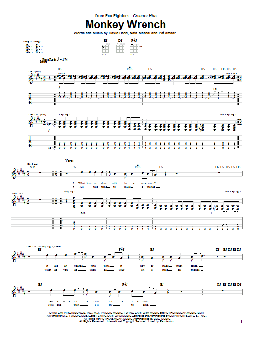 Learn to play Foo Fighters Monkey Wrench sheet music for Guitar Tab in minutes. Foo Fighters Monkey Wrench sheet music preview music notes and score for Guitar Tab including 6 page(s)