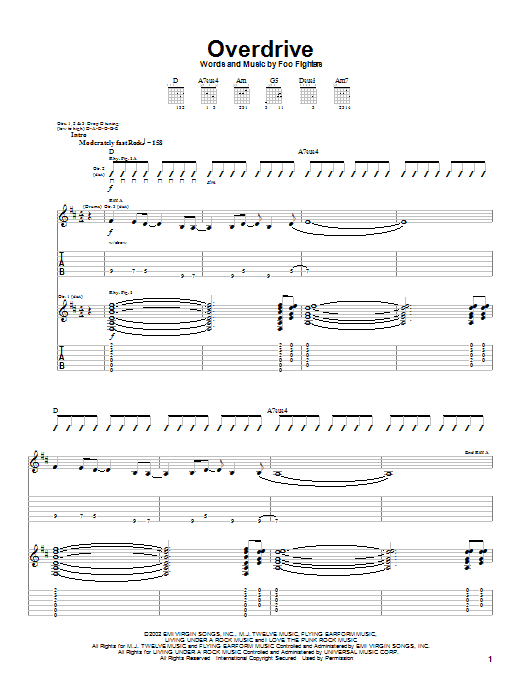 Learn to play Foo Fighters Overdrive sheet music for Guitar Tab in minutes. Foo Fighters Overdrive sheet music notes and chords