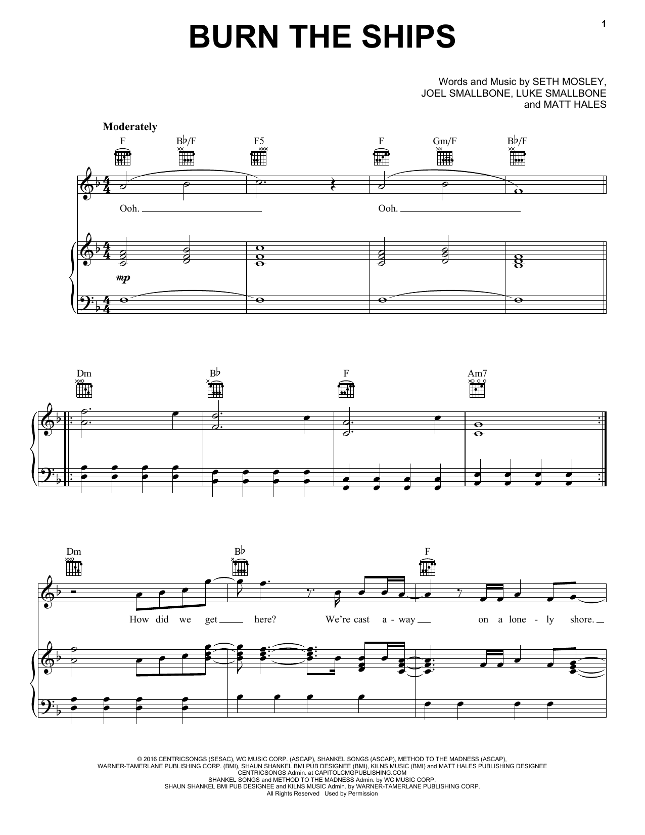 for KING & COUNTRY Burn The Ships sheet music, chords, lyrics - Printable PDF for Piano, Vocal & Guitar (Right-Hand Melody)
