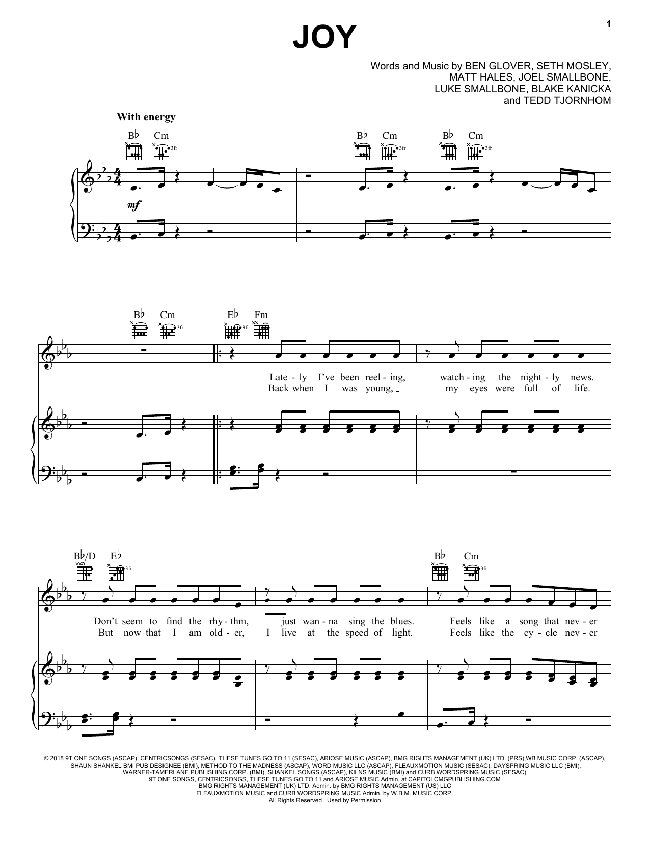 Ben Glover Joy sheet music, chords, lyrics - Printable PDF for Piano, Vocal & Guitar (Right-Hand Melody)