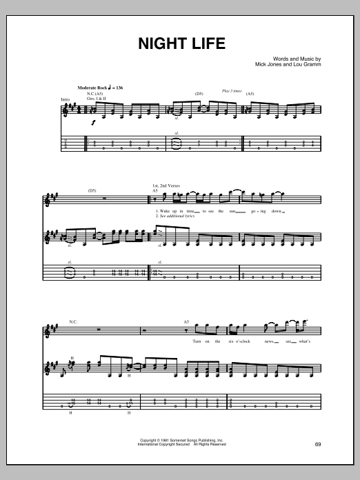 Learn to play Foreigner Night Life sheet music for Guitar Tab in minutes. Foreigner Night Life sheet music notes and chords