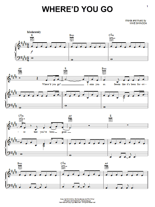 Fort Minor Where'd You Go (feat. Holly Brook & Jonah Matranga) sheet music, chords, lyrics - Printable PDF for Piano, Vocal & Guitar (Right-Hand Melody)