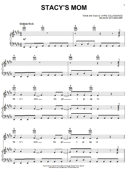 Learn to play Fountains Of Wayne Stacy's Mom sheet music for Piano, Vocal & Guitar (Right-Hand Melody) in minutes. Fountains Of Wayne Stacy's Mom sheet music preview music notes and score for Piano, Vocal & Guitar (Right-Hand Melody) including 7 page(s)