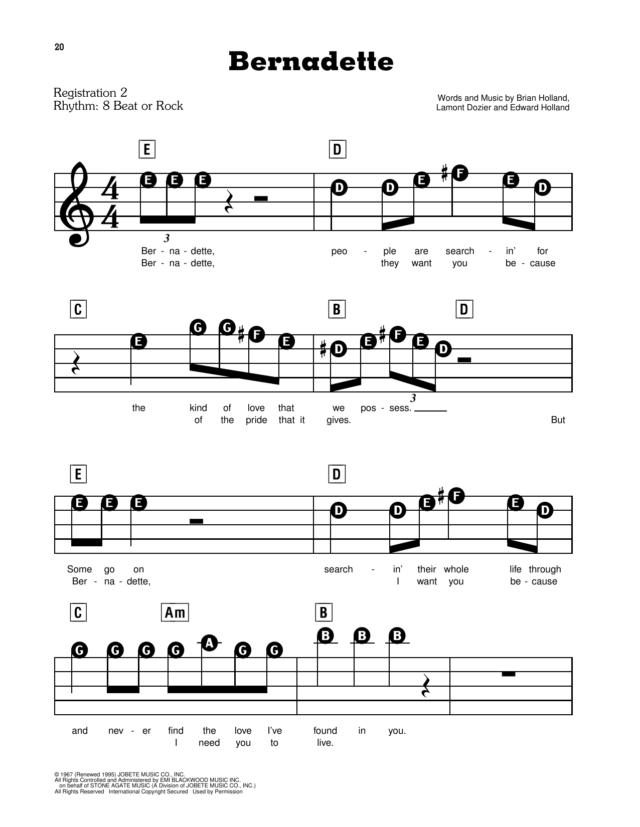 Learn to play Four Tops Bernadette sheet music for E-Z Play Today in minutes. Four Tops Bernadette sheet music preview music notes and score for E-Z Play Today including 5 page(s)