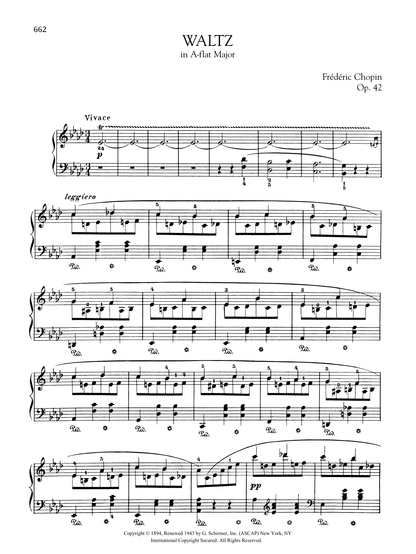 Learn to play Frederic Chopin Waltz in A-flat Major, Op. 42 sheet music for Piano Solo in minutes. Frederic Chopin Waltz in A-flat Major, Op. 42 sheet music preview music notes and score for Piano Solo including 10 page(s)